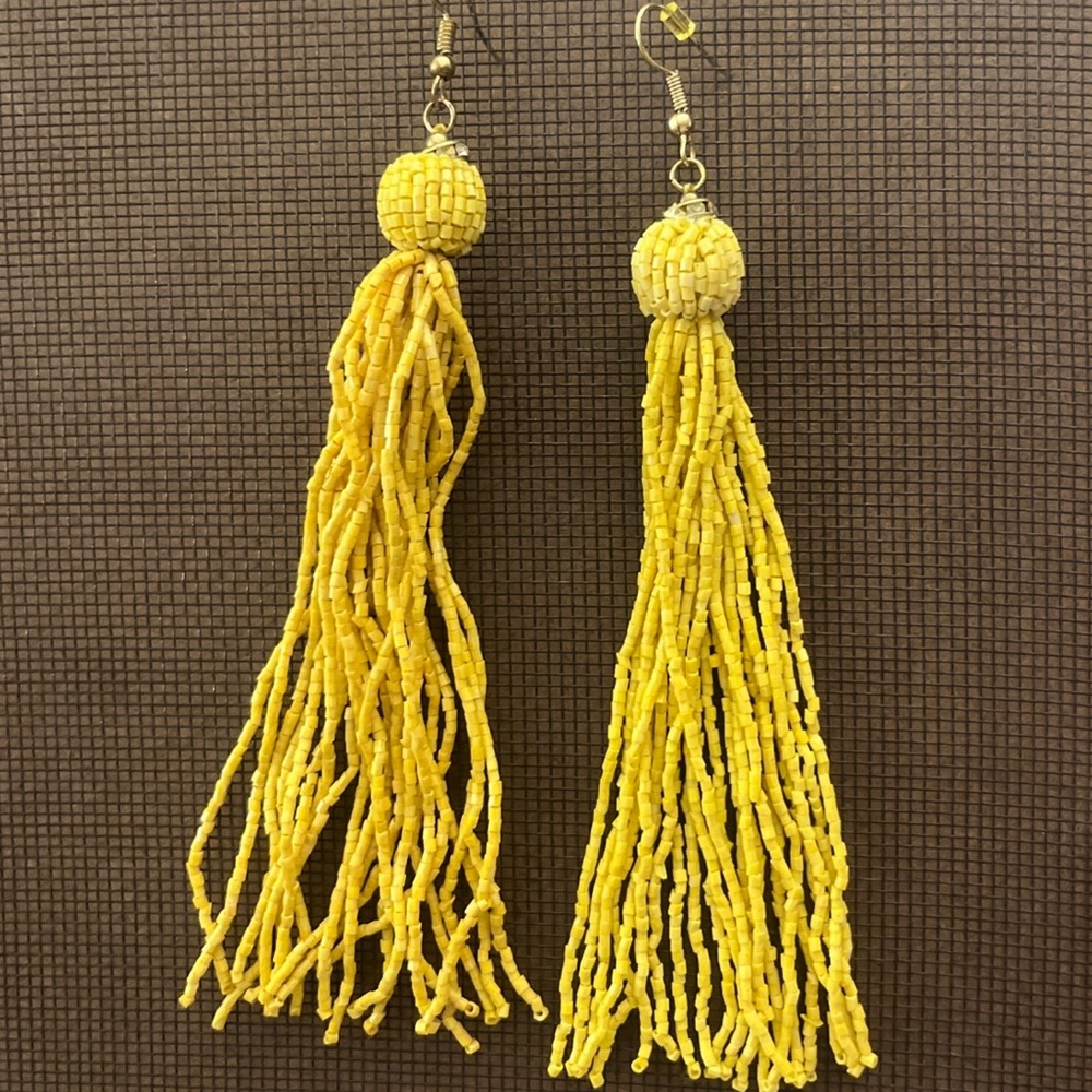 VTG Mariachi Yellow Beaded Tassel Drop Earrings 5” Long